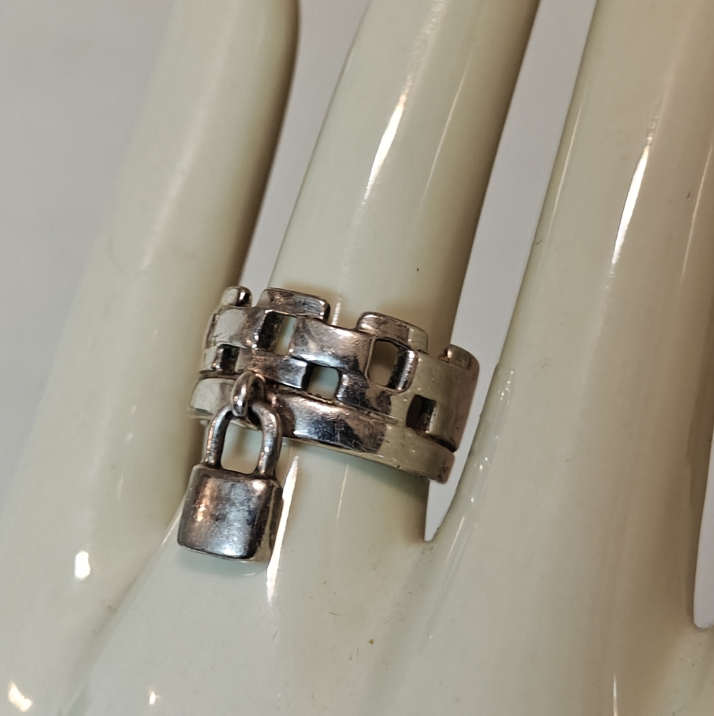 Vintage Sterling Silver Chunky Chain Ring with a Padlock Charm